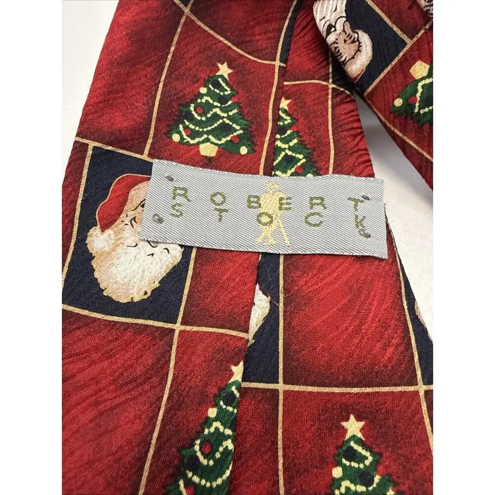 Vintage Robert Stock Silk Necktie Christmas Tree Red Santa Silk Tie Made In USA